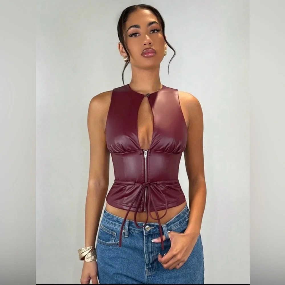 NWT SHEIN Burgundy Faux Leather Drawstring Corset Crop Top - Picture 1 of 7